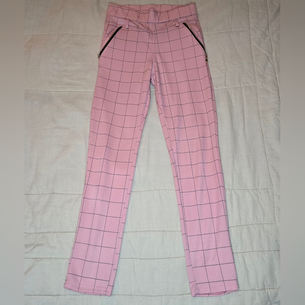 Light Pink Checkered Leggings Slim Fit